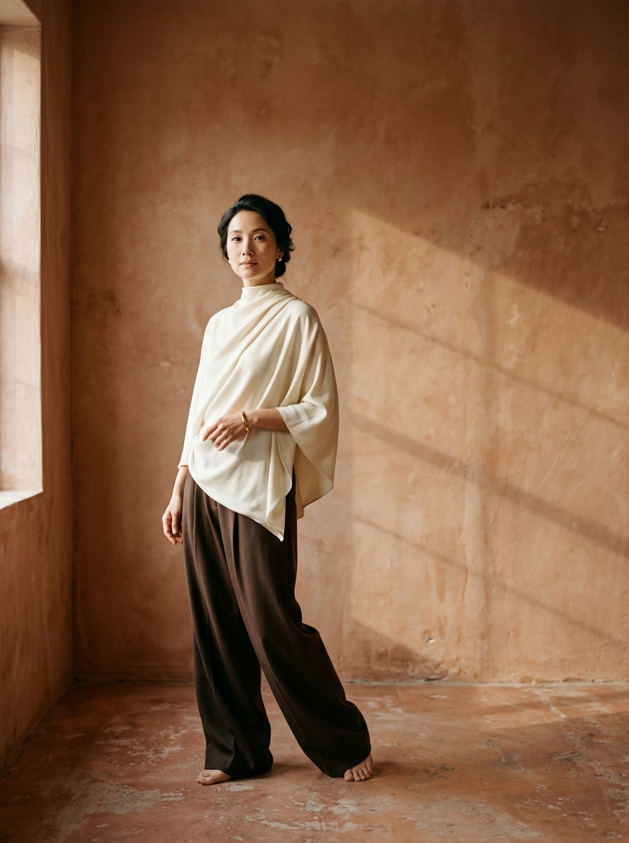 AURELLE campaign model in an ivory draped top