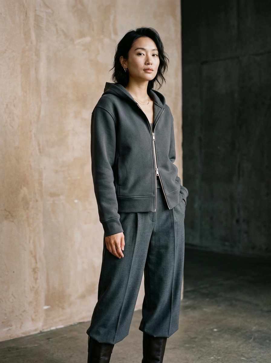 Model wearing the graphite Vale zip hoodie