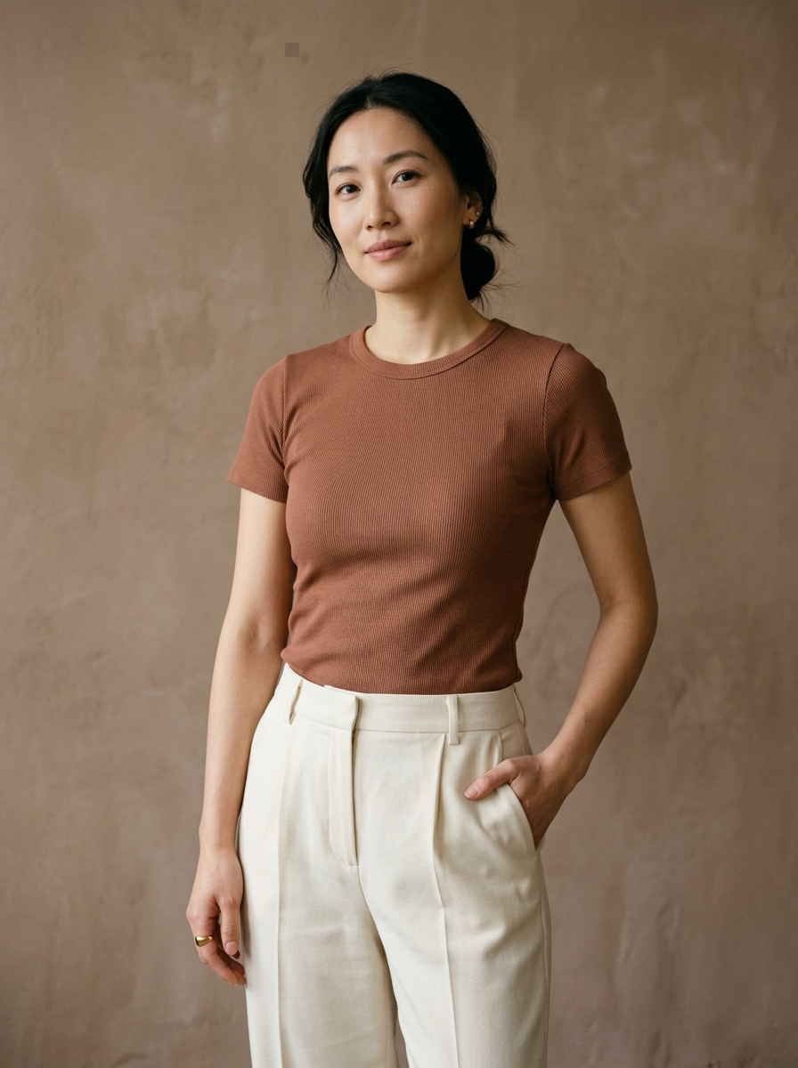 Model wearing the clay Noa ribbed tee