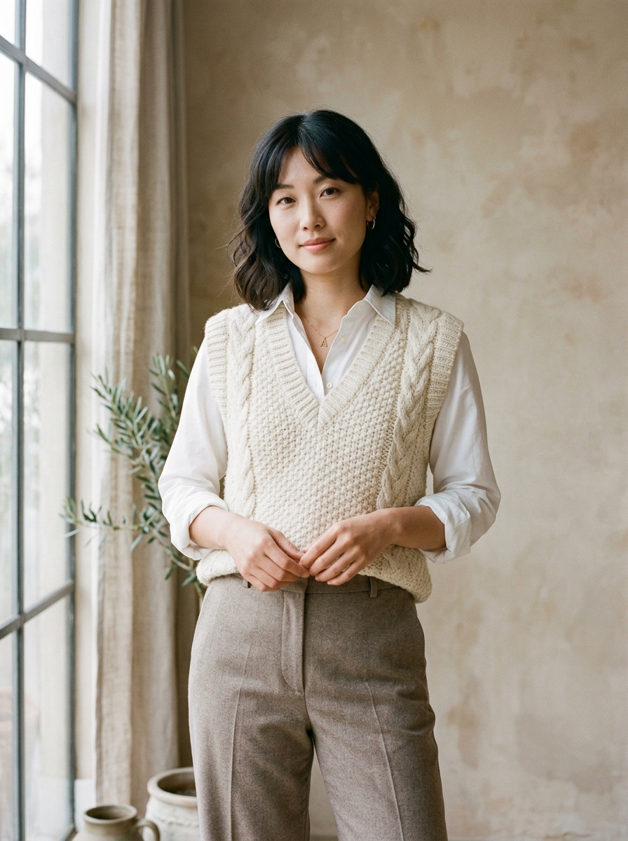 Model wearing the cream Eden knit vest