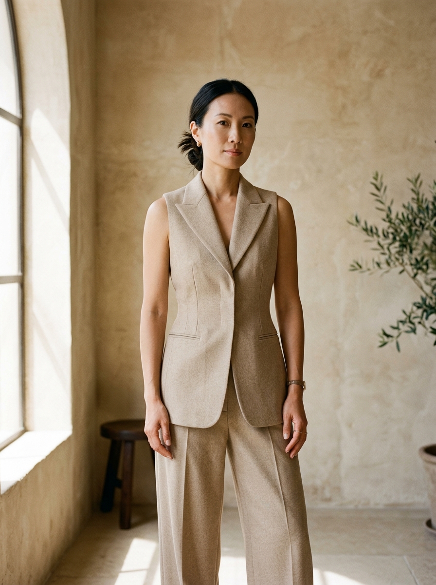 Model wearing the sand Vera tailored vest